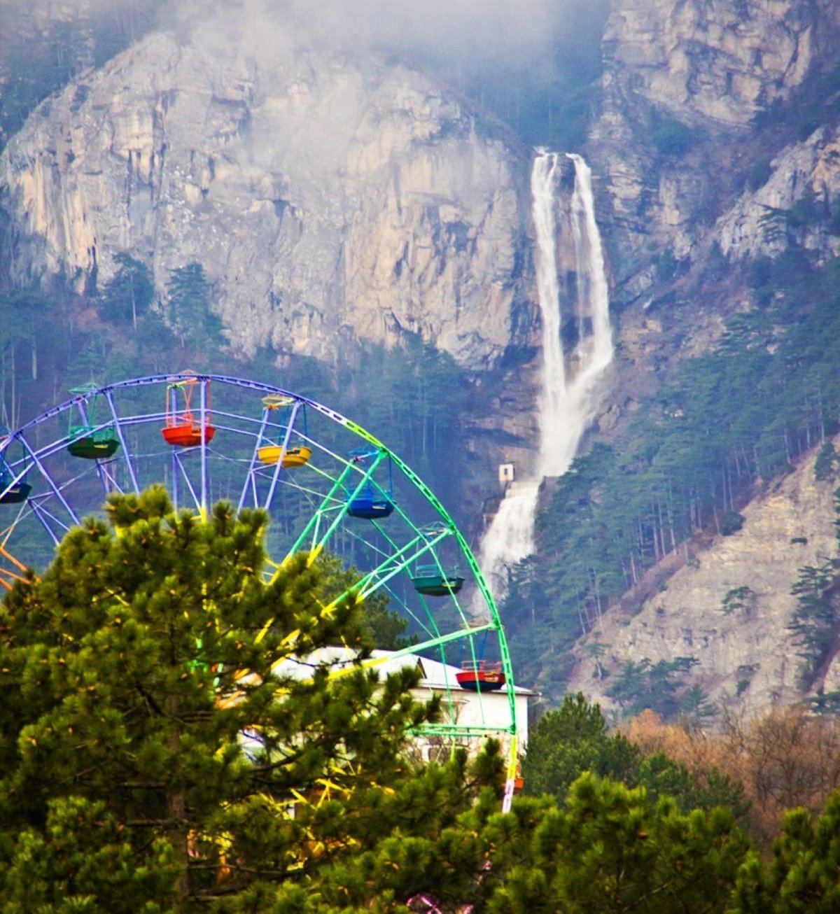 View of the waterfall and ferris wheel in Yalta